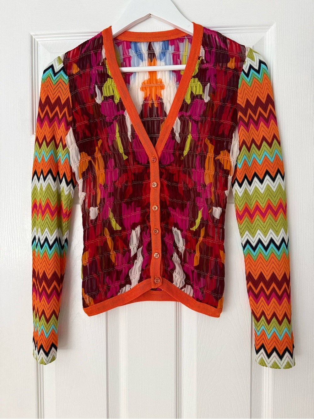Missoni Multicolor Chevron Knit Cardigan with Orange Trim